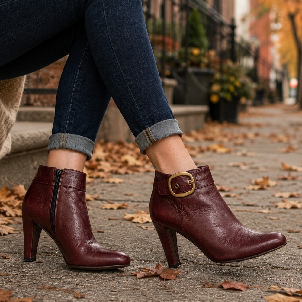 Coach Nicolete Burgundy Leather Ankle Booties Buckle Strap Zip Womens 6.5 Italy